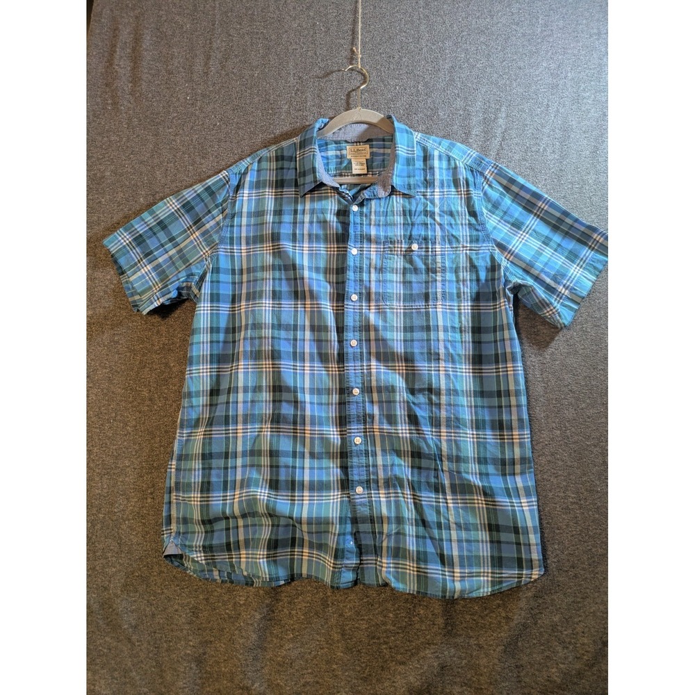 LL Bean Shirt Mens XL Tall Blue Plaid Button Up Cotton Camp Short Sleeve Summer